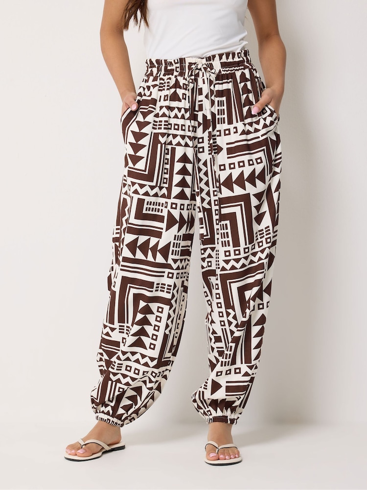 PixieGirl Petite Brown Abstract Print Wide Hareem Trousers - Image 2 of 5