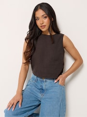 PixieGirl Petite Brown Cheesecloth Button Top - Image 1 of 5