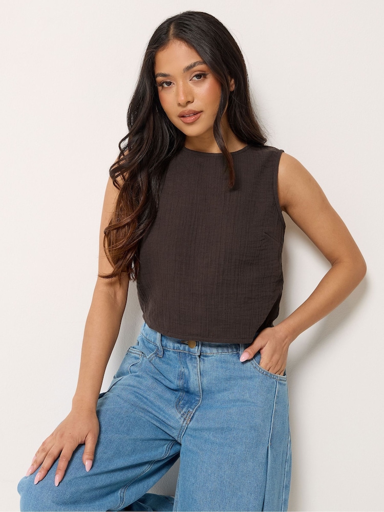 PixieGirl Petite Brown Cheesecloth Button Top - Image 1 of 5 PixieGirl Petite Brown Cheesecloth Button Top - Image 1 of 5