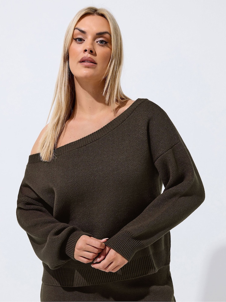 Yours Curve Brown Limited Off Shoulder Knitted Jumper - Image 1 of 5