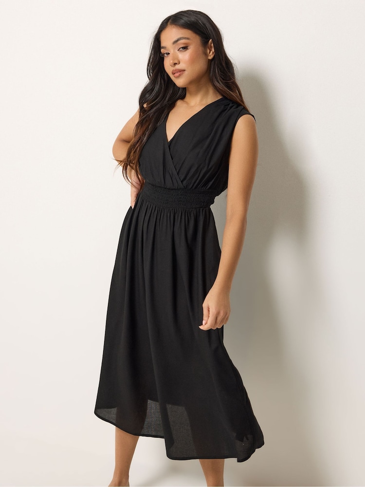 PixieGirl Petite Black Wrap Front Midi Dress - Image 1 of 5