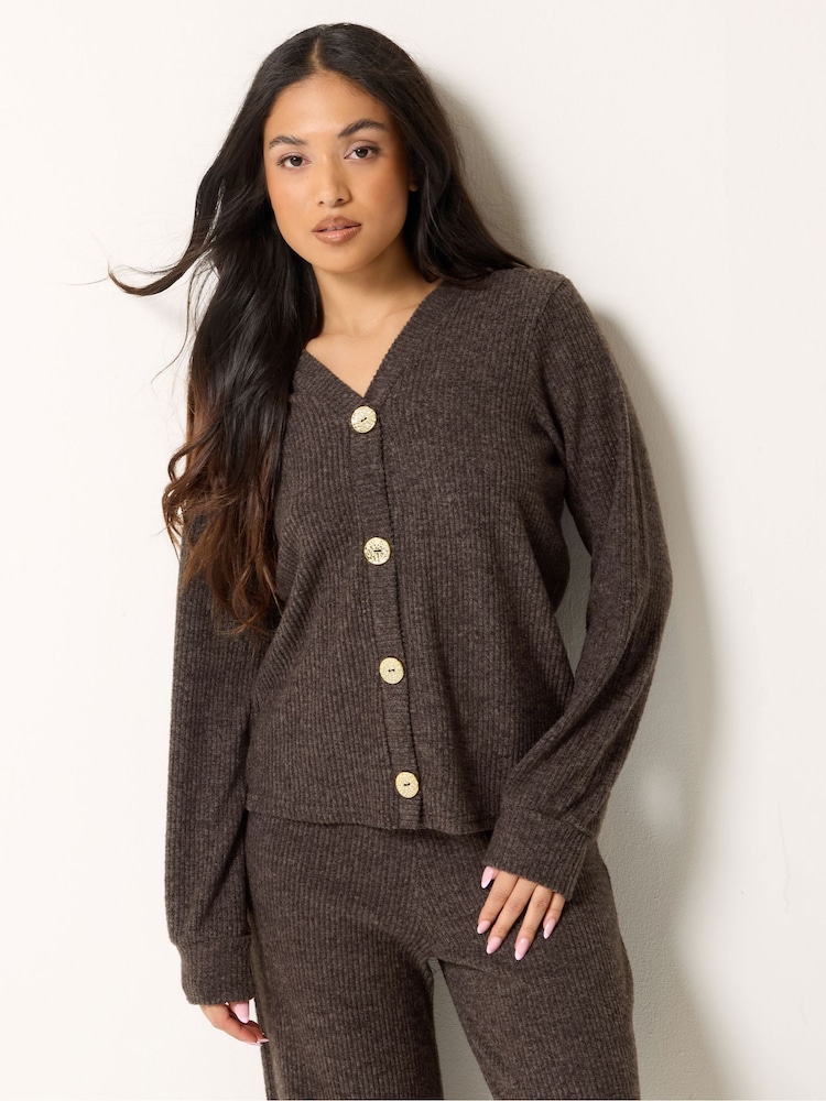 PixieGirl Petite Brown Soft Touch Fine Rib Cardigan - Image 1 of 5