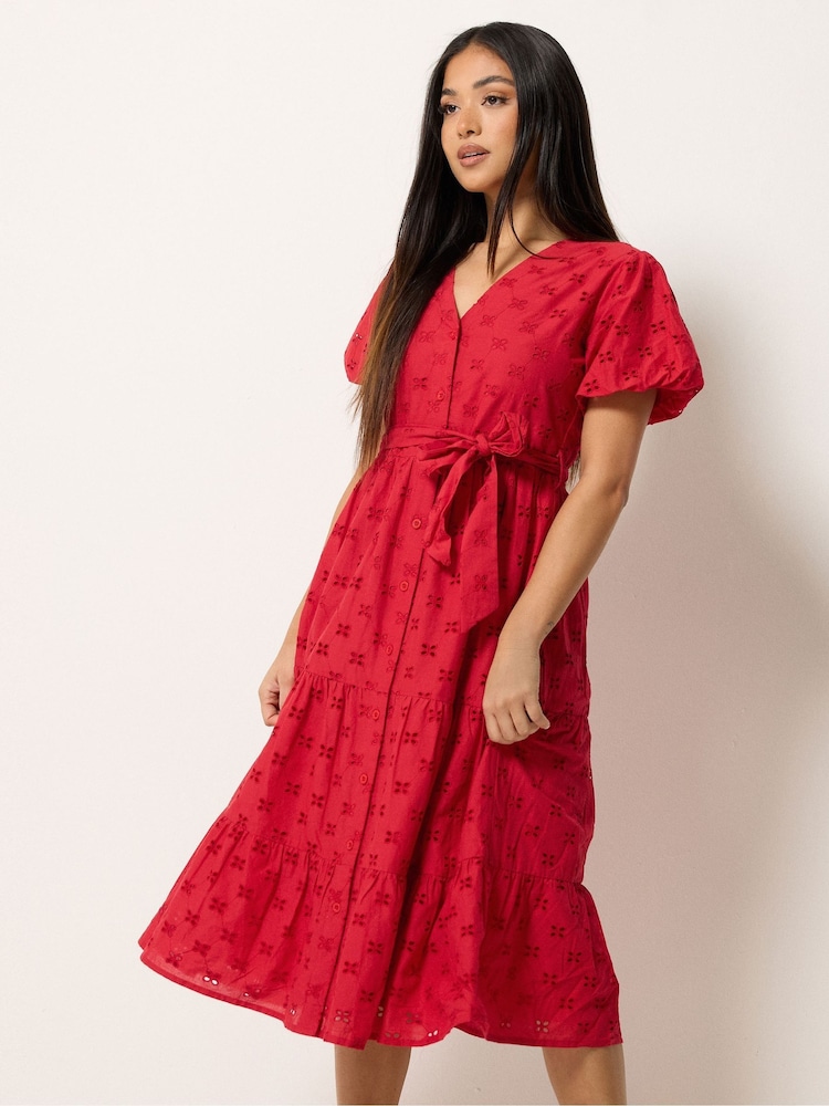 M&Co Red Petite Broderie Button Through Midi Dress - Image 1 of 5