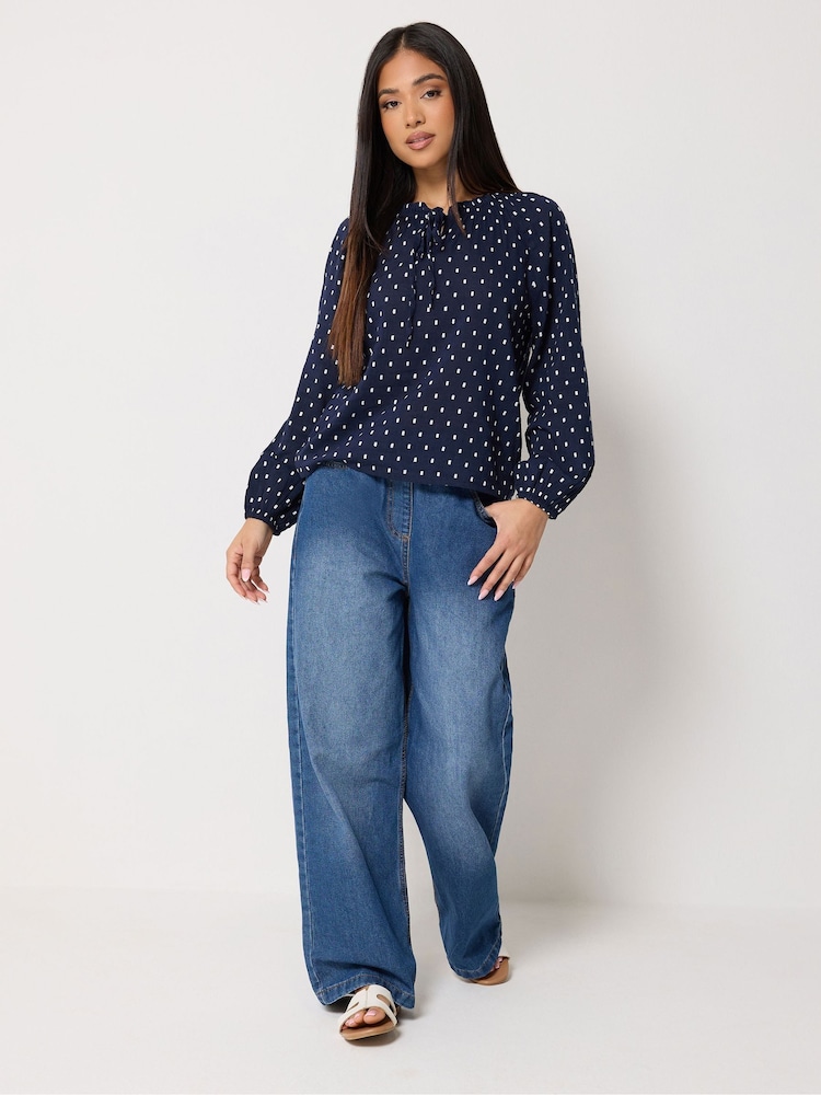 M&Co Blue Petite Dobby Long Sleeve Tie Neck Blouse - Image 2 of 5