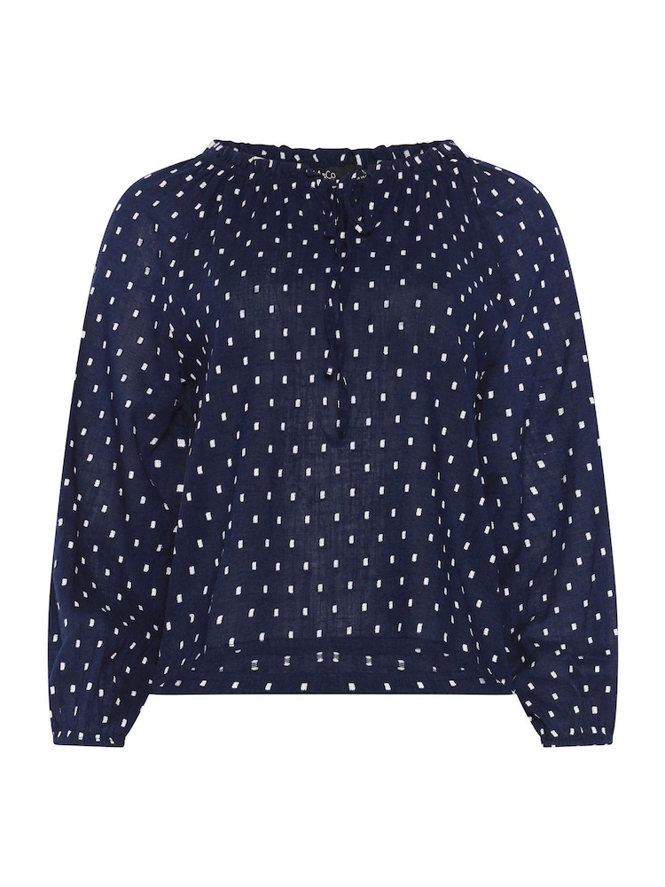 M&Co Blue Petite Dobby Long Sleeve Tie Neck Blouse - Image 5 of 5