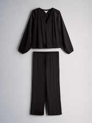 The Set Wide Leg Satin Co-Ord Shirt & Trousers Set Brown - Image 1 of 5