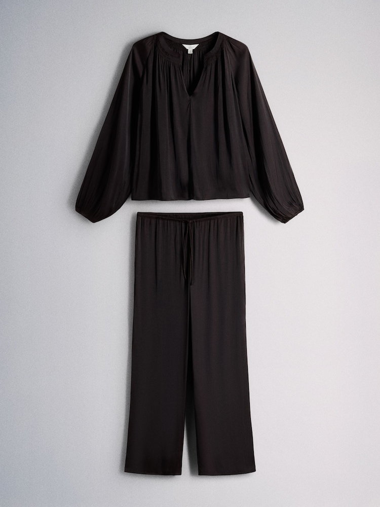 The Set Wide Leg Satin Co-Ord Shirt & Trousers Set Brown - Image 1 of 5