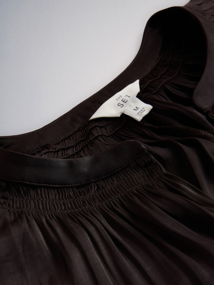 The Set Wide Leg Satin Co-Ord Shirt & Trousers Set Brown - Image 5 of 5