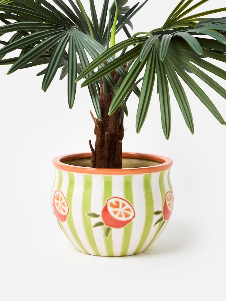 Oliver Bonas Green Striped Orange Ceramic Plant Pot - Image 1 of 4