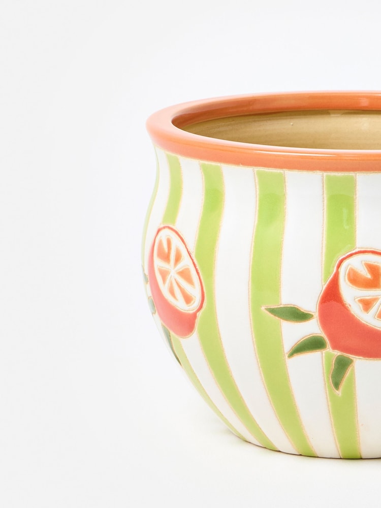 Oliver Bonas Green Striped Orange Ceramic Plant Pot - Image 4 of 4