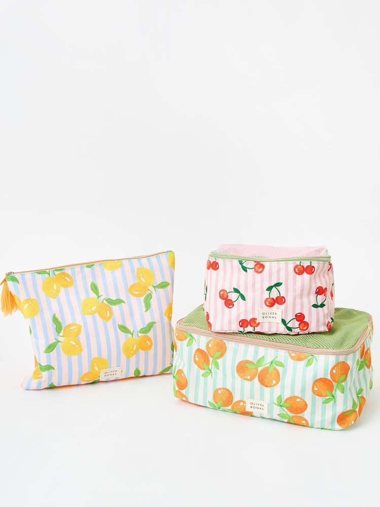 Oliver Bonas Set of 3 Blue Fruit Striped Packing Cubes - Image 1 of 6