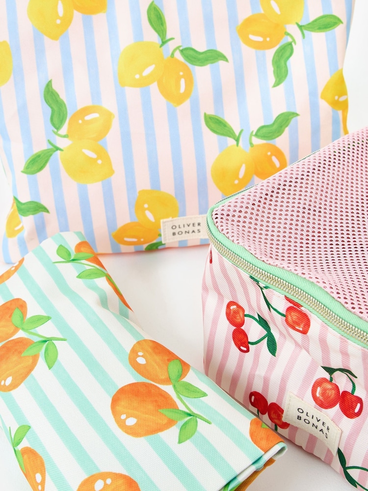 Oliver Bonas Set of 3 Blue Fruit Striped Packing Cubes - Image 2 of 6