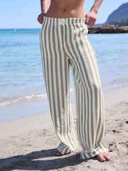 Sage Green/White Stripe Pull On Wide Leg Trousers with Linen - Image 5 of 10