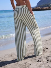 Sage Green/White Stripe Pull On Wide Leg Trousers with Linen - Image 6 of 10
