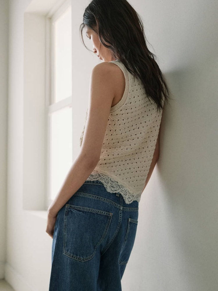 Mango Cream Crotchet Sleeveless Lace Hem Top - Image 2 of 7