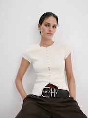 Mango Cream Button Detail Short Sleeve Knitted Top - Image 1 of 6