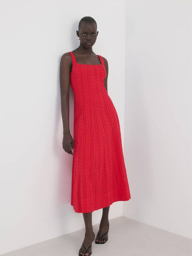 Mango Red Bordierie Square Neck Midi Dress - Image 1 of 4