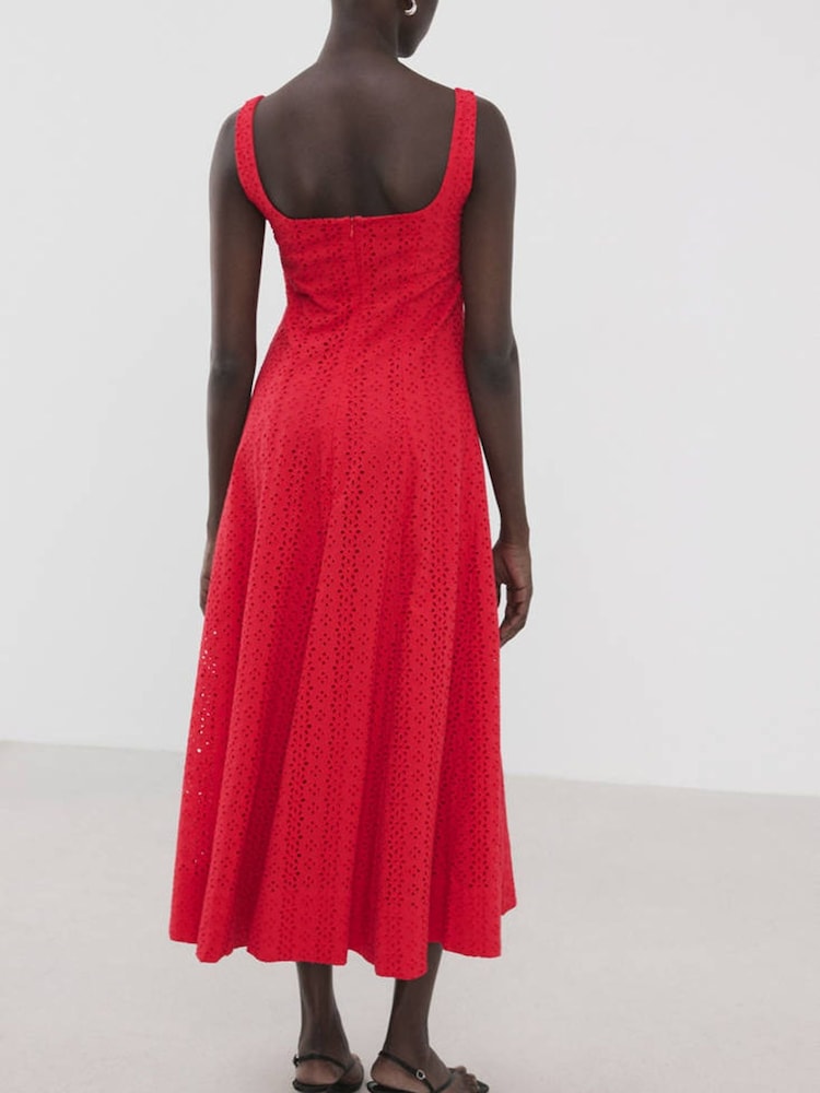 Mango Red Bordierie Square Neck Midi Dress - Image 2 of 4