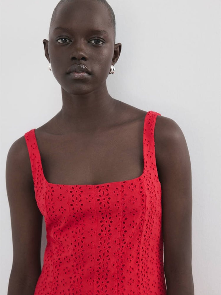 Mango Red Bordierie Square Neck Midi Dress - Image 4 of 4