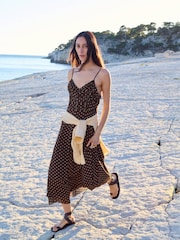 Mango Brown Strappy Ruched Detail Midi Dress - Image 1 of 5