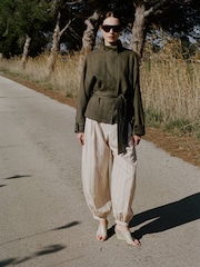 Mango Green Linen Funnel Tie Waist Jacket - Image 1 of 5