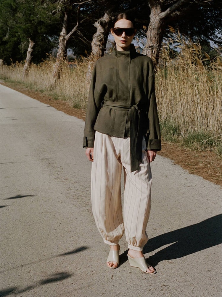 Mango Green Linen Funnel Tie Waist Jacket - Image 1 of 5