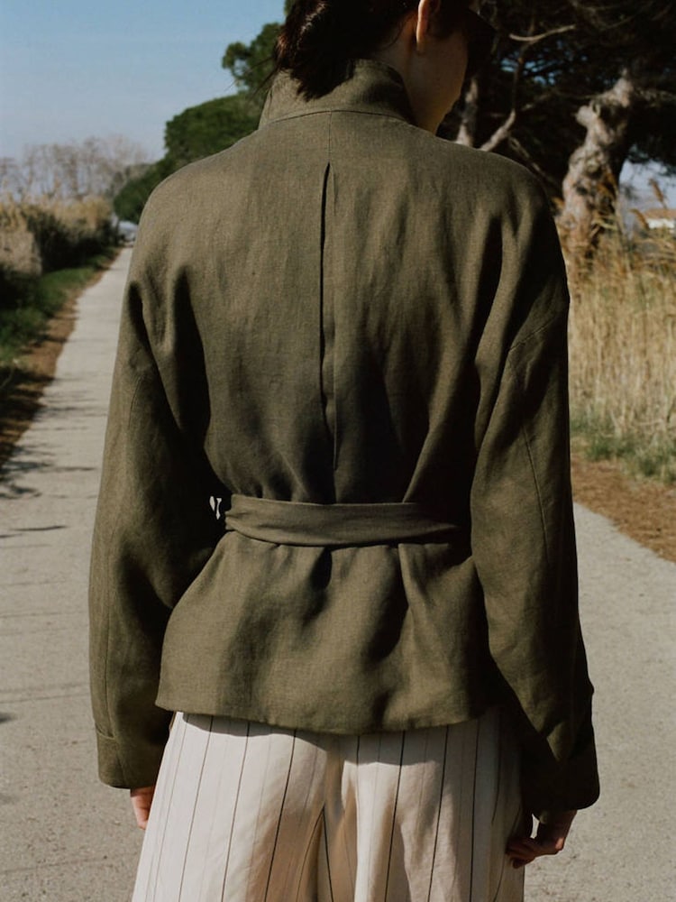 Mango Green Linen Funnel Tie Waist Jacket - Image 2 of 5