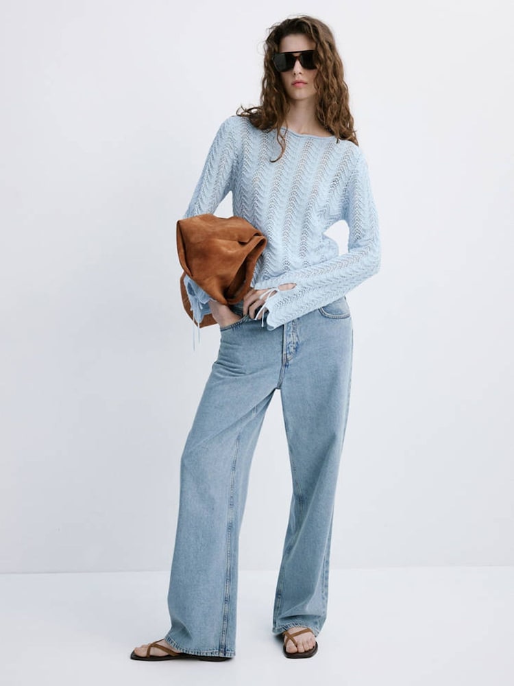 Mango Blue Crotchet Tie Sleeve Jumper - Image 1 of 7 Mango Blue Crotchet Tie Sleeve Jumper - Image 1 of 7