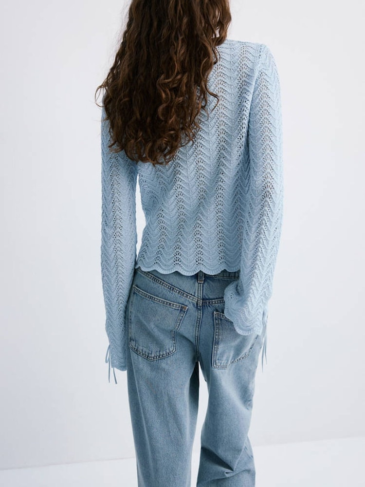 Mango Blue Crotchet Tie Sleeve Jumper - Image 2 of 7 Mango Blue Crotchet Tie Sleeve Jumper - Image 2 of 7