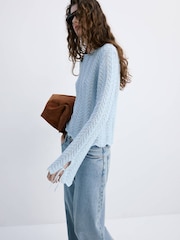 Mango Blue Crotchet Tie Sleeve Jumper - Image 3 of 7
