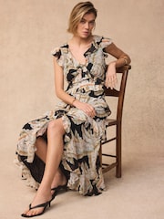 Mint Velvet Black Palm Print Ruffle Midi Dress - Image 1 of 8
