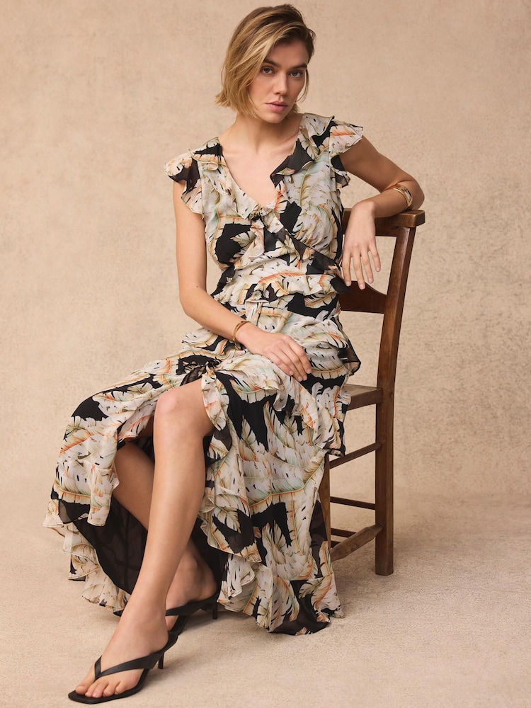 Mint Velvet Black Palm Print Ruffle Midi Dress - Image 1 of 8 Mint Velvet Black Palm Print Ruffle Midi Dress - Image 1 of 8