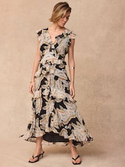 Mint Velvet Black Palm Print Ruffle Midi Dress - Image 2 of 8