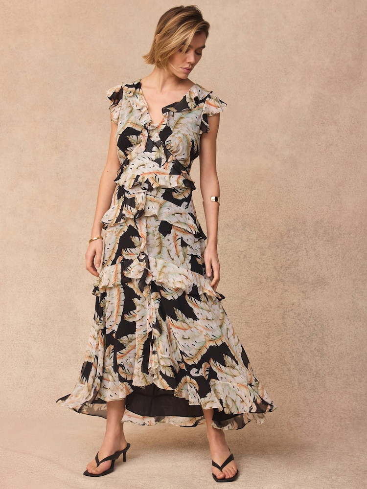 Mint Velvet Black Palm Print Ruffle Midi Dress - Image 2 of 8 Mint Velvet Black Palm Print Ruffle Midi Dress - Image 2 of 8