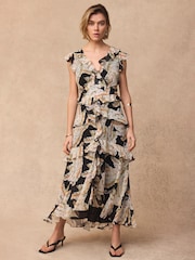 Mint Velvet Black Palm Print Ruffle Midi Dress - Image 4 of 8