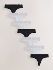 Black/White/Grey Thong Cotton and Lace Knickers 7 Pack - Image 1 of 10