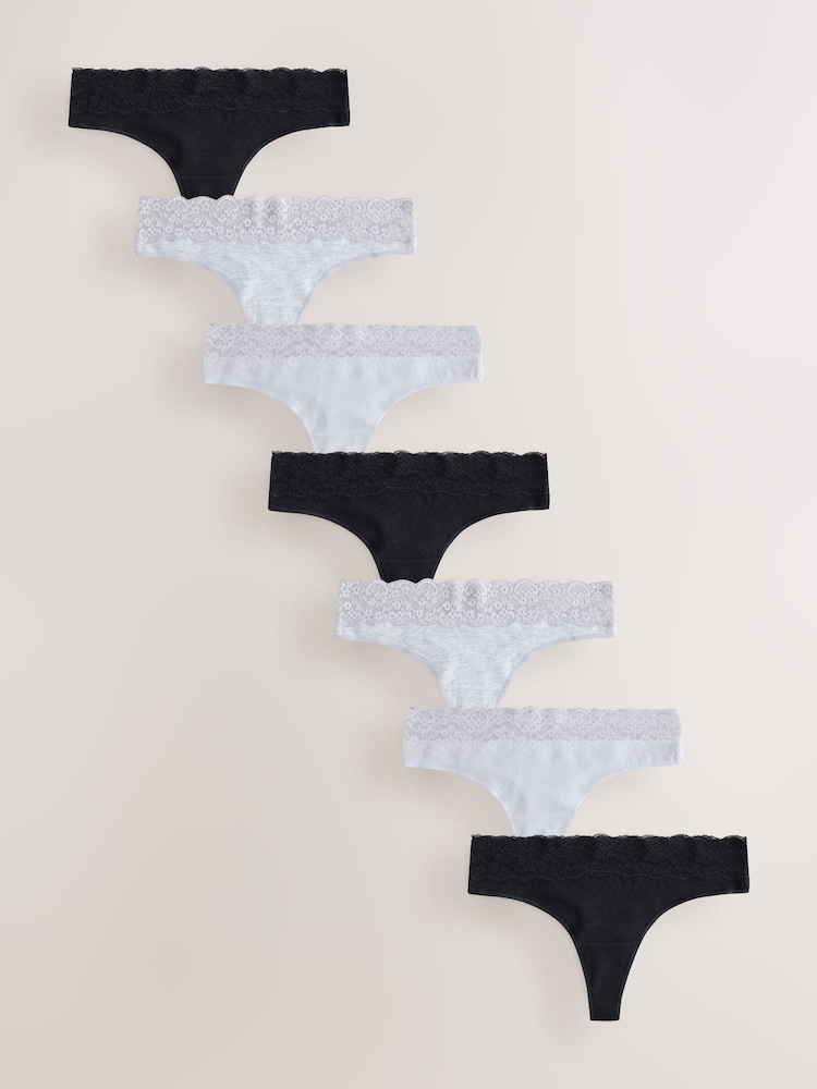 Black/White/Grey Thong Cotton and Lace Knickers 7 Pack - Image 1 of 10 Black/White/Grey Thong Cotton and Lace Knickers 7 Pack - Image 1 of 10
