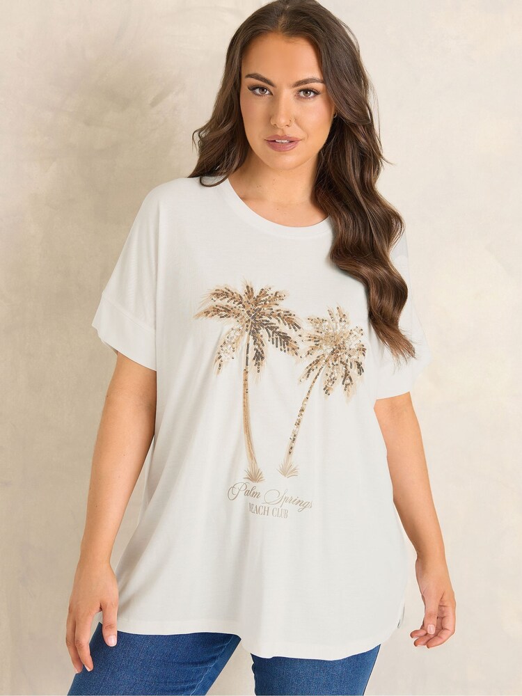 Evans White Sequin Embellished Palm Trees Graphic T-Shirt - Image 1 of 5