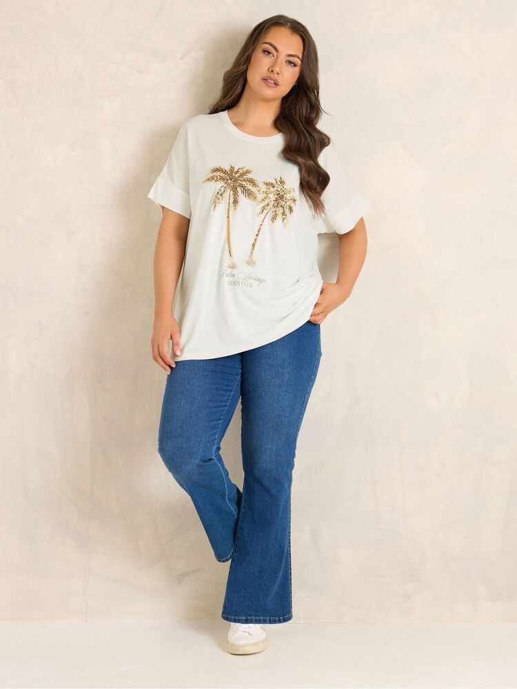 Evans White Sequin Embellished Palm Trees Graphic T-Shirt - Image 2 of 5