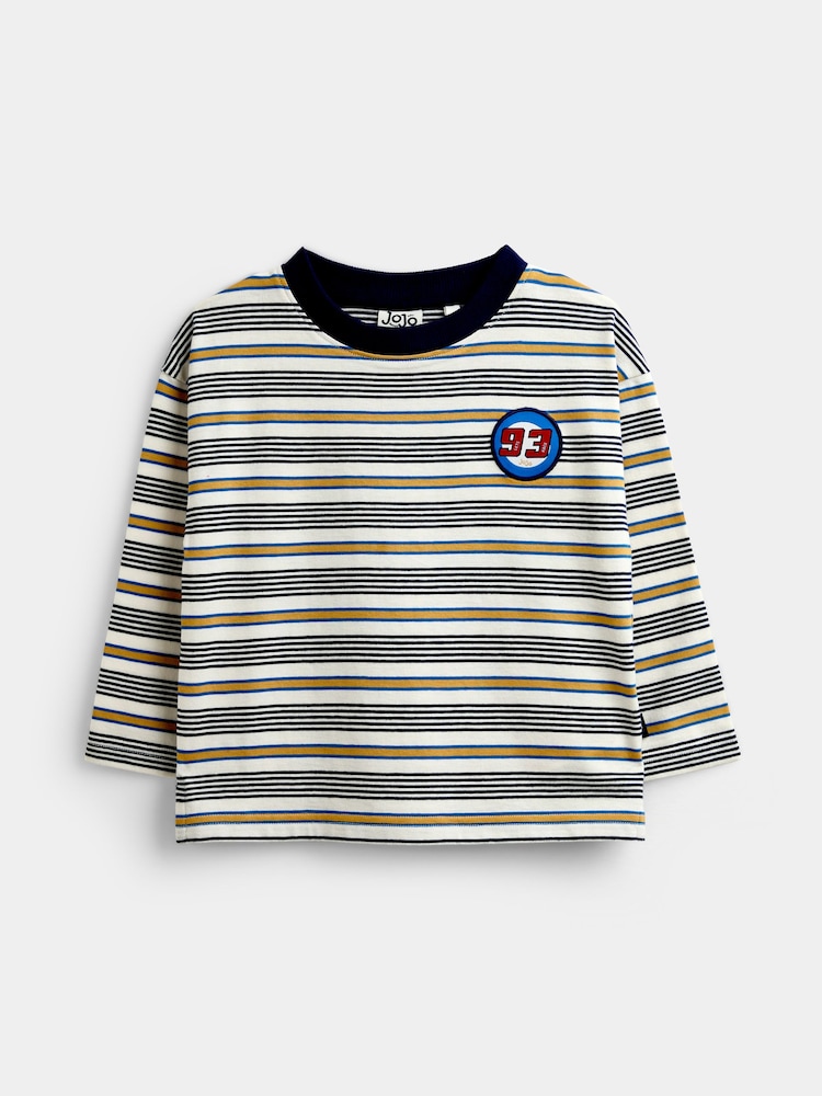 JoJo Maman Bébé Natural Varsity Badge Striped Top - Image 1 of 4 JoJo Maman Bébé Natural Varsity Badge Striped Top - Image 1 of 4