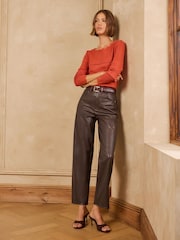 Čokoladno braon - Love & Roses PU Balon kroj Pantalone - Slika 3 od 4