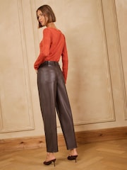 Čokoladno braon - Love & Roses PU Balon kroj Pantalone - Slika 4 od 4