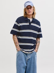 JACK & JONES Blue Relaxed Fit Stripe Knit Polo Shirt - Image 1 of 5