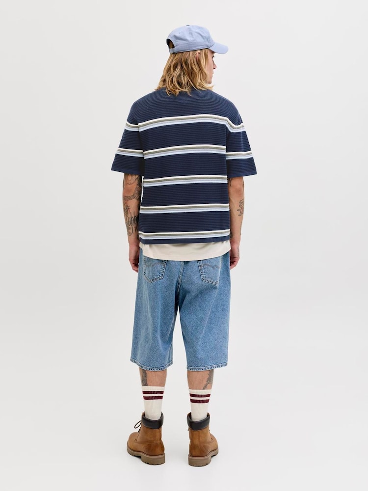 JACK & JONES Blue Relaxed Fit Stripe Knit Polo Shirt - Image 2 of 5