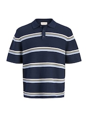 JACK & JONES Blue Relaxed Fit Stripe Knit Polo Shirt - Image 6 of 6