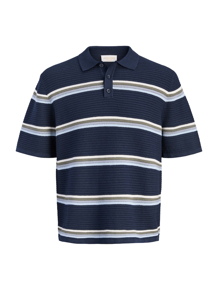 JACK & JONES Blue Relaxed Fit Stripe Knit Polo Shirt - Image 6 of 6