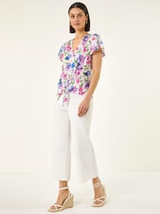 Roman Blue Floral Print Tie Front Top - Image 1 of 5