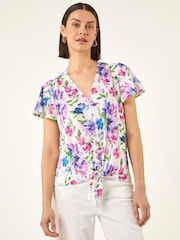 Roman Blue Floral Print Tie Front Top - Image 2 of 5