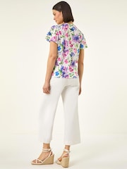 Roman Blue Floral Print Tie Front Top - Image 3 of 5