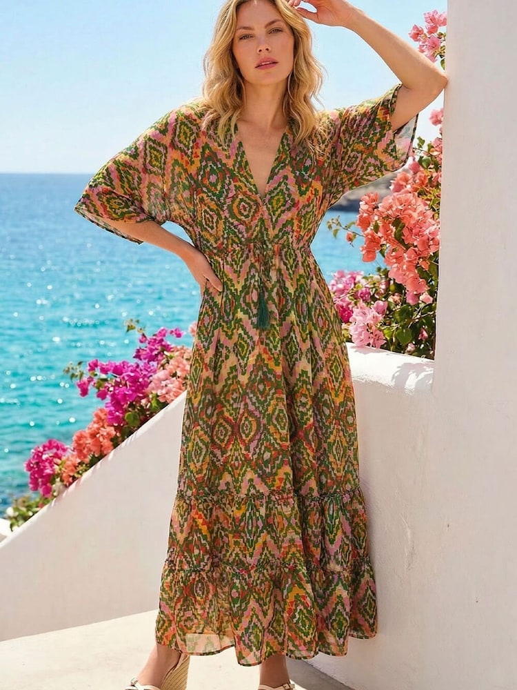 Roman Orange Aztec Boho Maxi Dress - Image 1 of 3